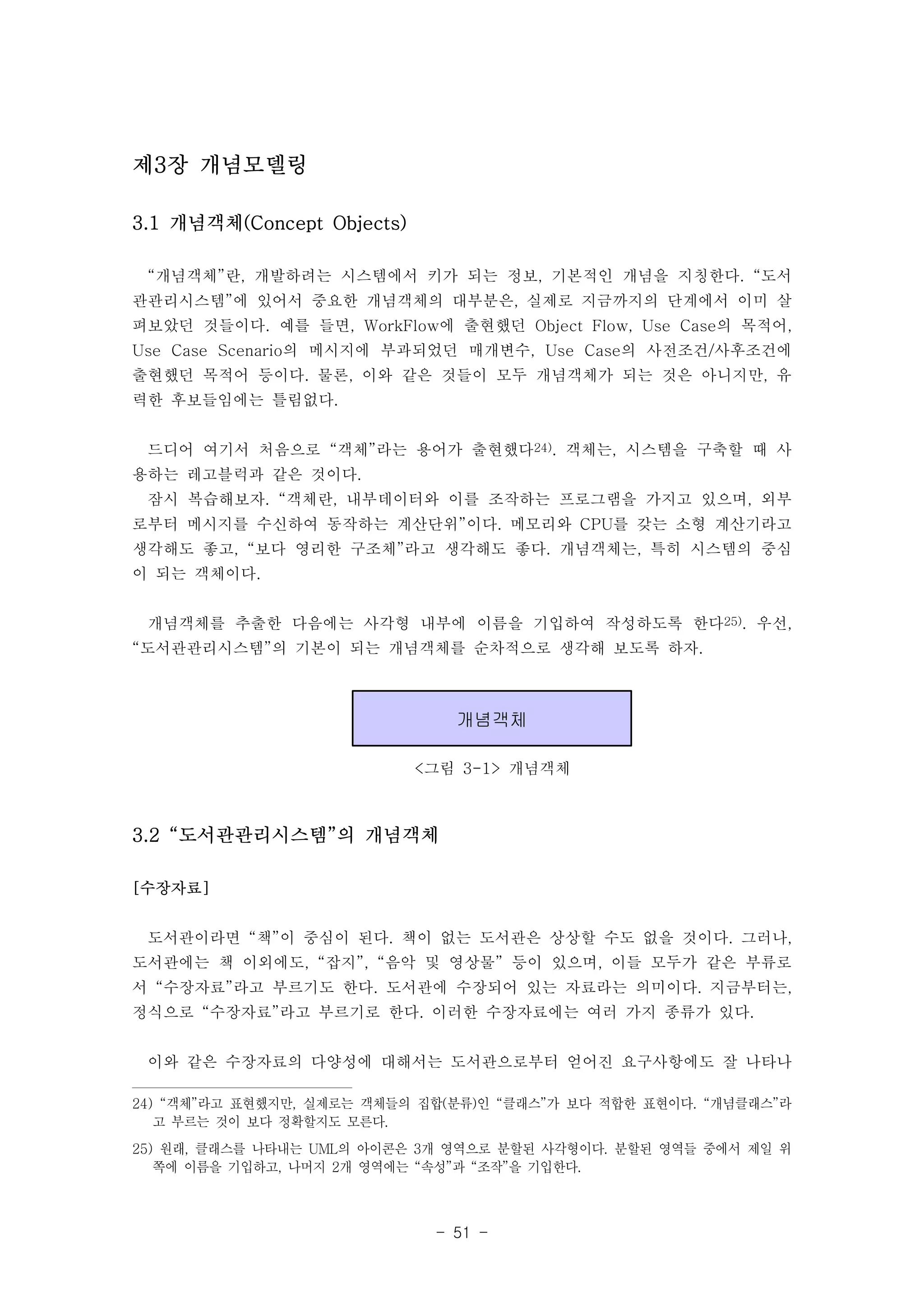 개념객체 
<그림 3-1> 개념객체 
- 51 - 
제3장 개념모델링 
3.1 개념객체(Concept Objects) 
“개념객체”란, 개발하려는 시스템에서 키가 되는 정보, 기본적인 개념을 지칭한다. “도서 
관관리시스템”에 있어서 중요한 개념객체의 대부분은, 실제로 지금까지의 단계에서 이미 살 
펴보았던 것들이다. 예를 들면, WorkFlow에 출현했던 Object Flow, Use Case의 목적어, 
Use Case Scenario의 메시지에 부과되었던 매개변수, Use Case의 사전조건/사후조건에 
출현했던 목적어 등이다. 물론, 이와 같은 것들이 모두 개념객체가 되는 것은 아니지만, 유 
력한 후보들임에는 틀림없다. 
드디어 여기서 처음으로 “객체”라는 용어가 출현했다24). 객체는, 시스템을 구축할 때 사 
용하는 레고블럭과 같은 것이다. 
잠시 복습해보자. “객체란, 내부데이터와 이를 조작하는 프로그램을 가지고 있으며, 외부 
로부터 메시지를 수신하여 동작하는 계산단위”이다. 메모리와 CPU를 갖는 소형 계산기라고 
생각해도 좋고, “보다 영리한 구조체”라고 생각해도 좋다. 개념객체는, 특히 시스템의 중심 
이 되는 객체이다. 
개념객체를 추출한 다음에는 사각형 내부에 이름을 기입하여 작성하도록 한다25). 우선, 
“도서관관리시스템”의 기본이 되는 개념객체를 순차적으로 생각해 보도록 하자. 
3.2 “도서관관리시스템”의 개념객체 
[수장자료] 
도서관이라면 “책”이 중심이 된다. 책이 없는 도서관은 상상할 수도 없을 것이다. 그러나, 
도서관에는 책 이외에도, “잡지”, “음악 및 영상물” 등이 있으며, 이들 모두가 같은 부류로 
서 “수장자료”라고 부르기도 한다. 도서관에 수장되어 있는 자료라는 의미이다. 지금부터는, 
정식으로 “수장자료”라고 부르기로 한다. 이러한 수장자료에는 여러 가지 종류가 있다. 
이와 같은 수장자료의 다양성에 대해서는 도서관으로부터 얻어진 요구사항에도 잘 나타나 
24) “객체”라고 표현했지만, 실제로는 객체들의 집합(분류)인 “클래스”가 보다 적합한 표현이다. “개념클래스”라 
고 부르는 것이 보다 정확할지도 모른다. 
25) 원래, 클래스를 나타내는 UML의 아이콘은 3개 영역으로 분할된 사각형이다. 분할된 영역들 중에서 제일 위 
쪽에 이름을 기입하고, 나머지 2개 영역에는 “속성”과 “조작”을 기입한다. 
 