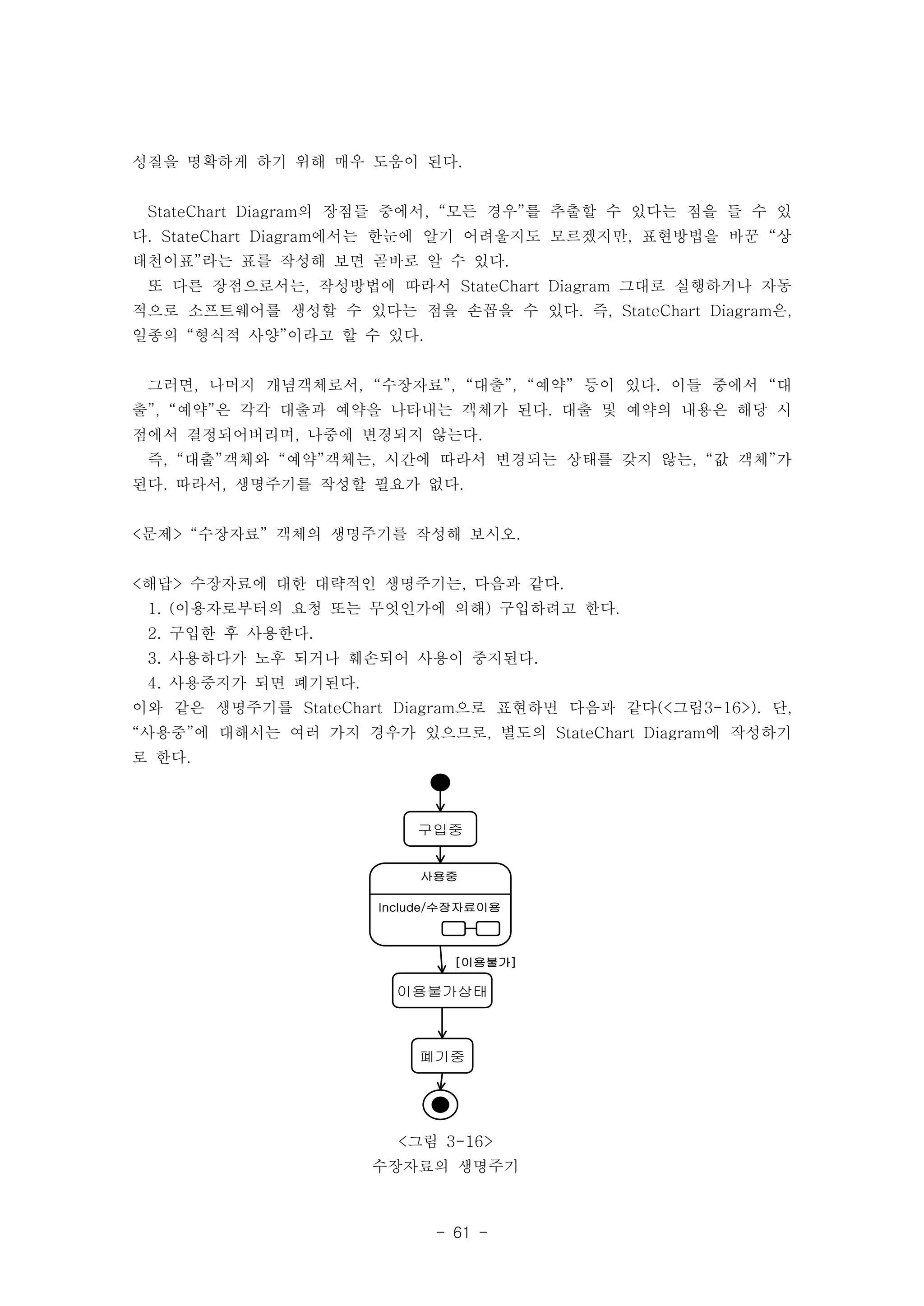 성질을 명확하게 하기 위해 매우 도움이 된다. 
StateChart Diagram의 장점들 중에서, “모든 경우”를 추출할 수 있다는 점을 들 수 있 
다. StateChart Diagram에서는 한눈에 알기 어려울지도 모르겠지만, 표현방법을 바꾼 “상 
태천이표”라는 표를 작성해 보면 곧바로 알 수 있다. 
또 다른 장점으로서는, 작성방법에 따라서 StateChart Diagram 그대로 실행하거나 자동 
적으로 소프트웨어를 생성할 수 있다는 점을 손꼽을 수 있다. 즉, StateChart Diagram은, 
일종의 “형식적 사양”이라고 할 수 있다. 
그러면, 나머지 개념객체로서, “수장자료”, “대출”, “예약” 등이 있다. 이들 중에서 “대 
출”, “예약”은 각각 대출과 예약을 나타내는 객체가 된다. 대출 및 예약의 내용은 해당 시 
점에서 결정되어버리며, 나중에 변경되지 않는다. 
즉, “대출”객체와 “예약”객체는, 시간에 따라서 변경되는 상태를 갖지 않는, “값 객체”가 
된다. 따라서, 생명주기를 작성할 필요가 없다. 
<문제> “수장자료” 객체의 생명주기를 작성해 보시오. 
<해답> 수장자료에 대한 대략적인 생명주기는, 다음과 같다. 
1. (이용자로부터의 요청 또는 무엇인가에 의해) 구입하려고 한다. 
2. 구입한 후 사용한다. 
3. 사용하다가 노후 되거나 훼손되어 사용이 중지된다. 
4. 사용중지가 되면 폐기된다. 
이와 같은 생명주기를 StateChart Diagram으로 표현하면 다음과 같다(<그림3-16>). 단, 
“사용중”에 대해서는 여러 가지 경우가 있으므로, 별도의 StateChart Diagram에 작성하기 
로 한다. 
구입중 
사용중 
Include/수장자료이용 
[이용불가] 
이용불가상태 
폐기중 
<그림 3-16> 
수장자료의 생명주기 
- 61 - 
 
