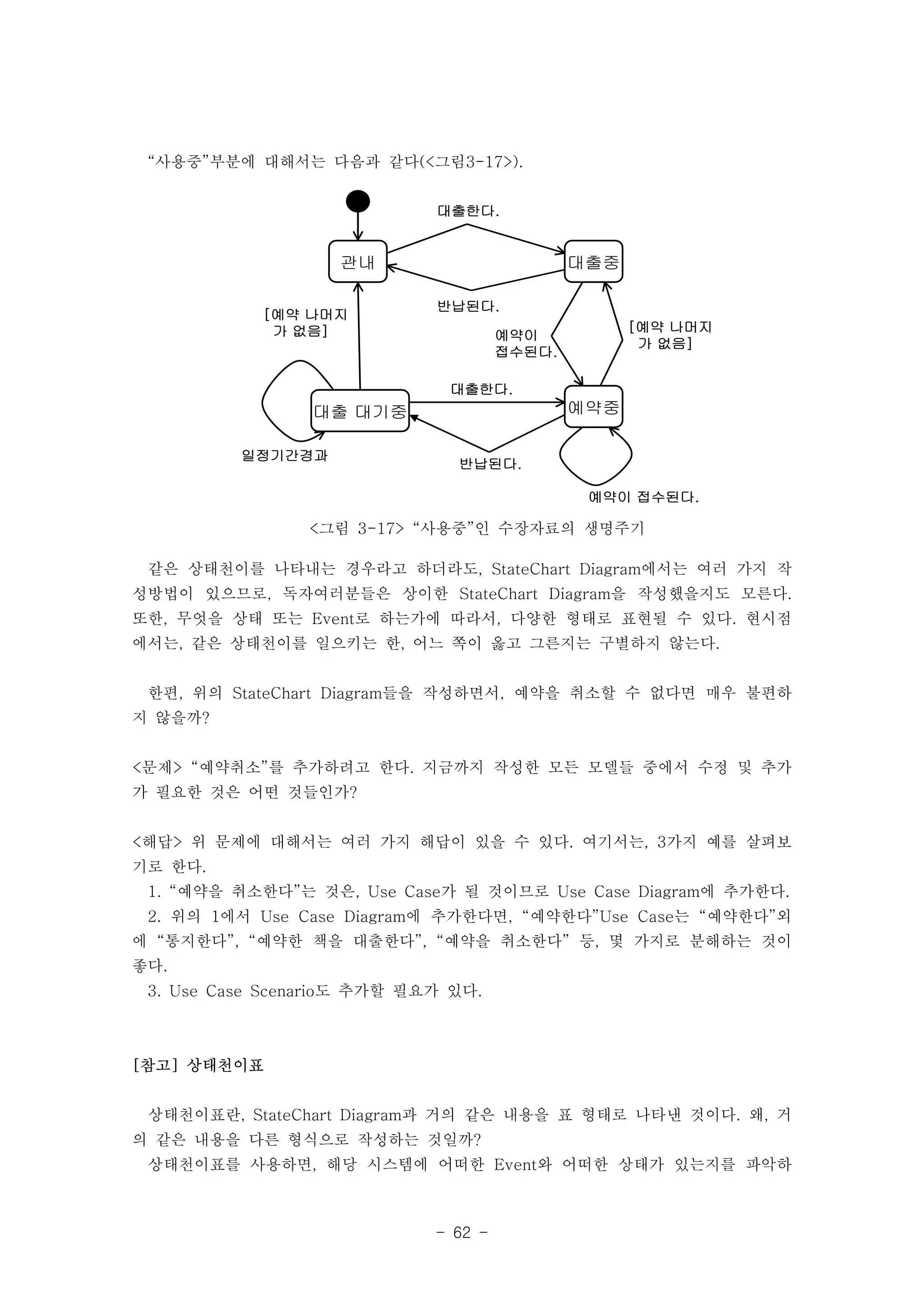 “사용중”부분에 대해서는 다음과 같다(<그림3-17>). 
대출한다. 
반납된다. 
대출한다. 
- 62 - 
관내 
대출 대기중 
대출중 
예약중 
[예약 나머지 
가 없음] 
일정기간경과 
반납된다. 
예약이 접수된다. 
예약이 
접수된다. 
[예약 나머지 
가 없음] 
<그림 3-17> “사용중”인 수장자료의 생명주기 
같은 상태천이를 나타내는 경우라고 하더라도, StateChart Diagram에서는 여러 가지 작 
성방법이 있으므로, 독자여러분들은 상이한 StateChart Diagram을 작성했을지도 모른다. 
또한, 무엇을 상태 또는 Event로 하는가에 따라서, 다양한 형태로 표현될 수 있다. 현시점 
에서는, 같은 상태천이를 일으키는 한, 어느 쪽이 옳고 그른지는 구별하지 않는다. 
한편, 위의 StateChart Diagram들을 작성하면서, 예약을 취소할 수 없다면 매우 불편하 
지 않을까? 
<문제> “예약취소”를 추가하려고 한다. 지금까지 작성한 모든 모델들 중에서 수정 및 추가 
가 필요한 것은 어떤 것들인가? 
<해답> 위 문제에 대해서는 여러 가지 해답이 있을 수 있다. 여기서는, 3가지 예를 살펴보 
기로 한다. 
1. “예약을 취소한다”는 것은, Use Case가 될 것이므로 Use Case Diagram에 추가한다. 
2. 위의 1에서 Use Case Diagram에 추가한다면, “예약한다”Use Case는 “예약한다”외 
에 “통지한다”, “예약한 책을 대출한다”, “예약을 취소한다” 등, 몇 가지로 분해하는 것이 
좋다. 
3. Use Case Scenario도 추가할 필요가 있다. 
[참고] 상태천이표 
상태천이표란, StateChart Diagram과 거의 같은 내용을 표 형태로 나타낸 것이다. 왜, 거 
의 같은 내용을 다른 형식으로 작성하는 것일까? 
상태천이표를 사용하면, 해당 시스템에 어떠한 Event와 어떠한 상태가 있는지를 파악하 
 