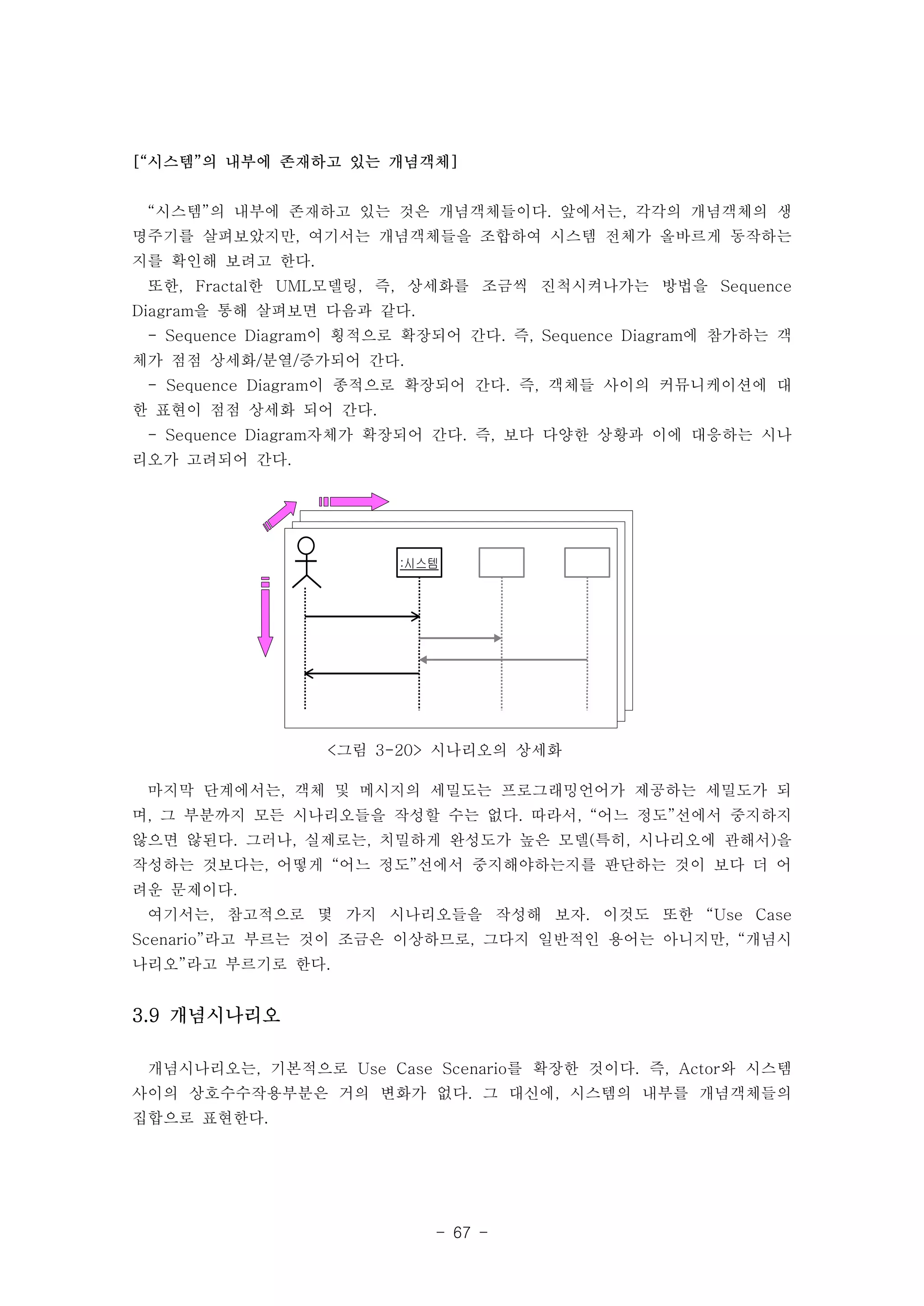[“시스템”의 내부에 존재하고 있는 개념객체] 
“시스템”의 내부에 존재하고 있는 것은 개념객체들이다. 앞에서는, 각각의 개념객체의 생 
명주기를 살펴보았지만, 여기서는 개념객체들을 조합하여 시스템 전체가 올바르게 동작하는 
지를 확인해 보려고 한다. 
또한, Fractal한 UML모델링, 즉, 상세화를 조금씩 진척시켜나가는 방법을 Sequence 
Diagram을 통해 살펴보면 다음과 같다. 
- Sequence Diagram이 횡적으로 확장되어 간다. 즉, Sequence Diagram에 참가하는 객 
체가 점점 상세화/분열/증가되어 간다. 
- Sequence Diagram이 종적으로 확장되어 간다. 즉, 객체들 사이의 커뮤니케이션에 대 
한 표현이 점점 상세화 되어 간다. 
- Sequence Diagram자체가 확장되어 간다. 즉, 보다 다양한 상황과 이에 대응하는 시나 
리오가 고려되어 간다. 
::시시스스템템 
<그림 3-20> 시나리오의 상세화 
마지막 단계에서는, 객체 및 메시지의 세밀도는 프로그래밍언어가 제공하는 세밀도가 되 
며, 그 부분까지 모든 시나리오들을 작성할 수는 없다. 따라서, “어느 정도”선에서 중지하지 
않으면 않된다. 그러나, 실제로는, 치밀하게 완성도가 높은 모델(특히, 시나리오에 관해서)을 
작성하는 것보다는, 어떻게 “어느 정도”선에서 중지해야하는지를 판단하는 것이 보다 더 어 
려운 문제이다. 
여기서는, 참고적으로 몇 가지 시나리오들을 작성해 보자. 이것도 또한 “Use Case 
Scenario”라고 부르는 것이 조금은 이상하므로, 그다지 일반적인 용어는 아니지만, “개념시 
나리오”라고 부르기로 한다. 
- 67 - 
3.9 개념시나리오 
개념시나리오는, 기본적으로 Use Case Scenario를 확장한 것이다. 즉, Actor와 시스템 
사이의 상호수수작용부분은 거의 변화가 없다. 그 대신에, 시스템의 내부를 개념객체들의 
집합으로 표현한다. 
 