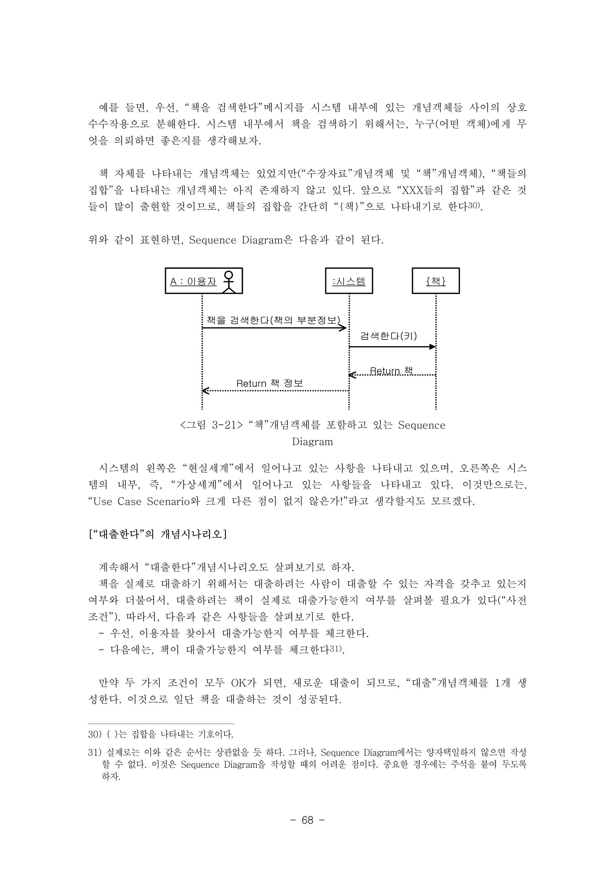 예를 들면, 우선, “책을 검색한다”메시지를 시스템 내부에 있는 개념객체들 사이의 상호 
수수작용으로 분해한다. 시스템 내부에서 책을 검색하기 위해서는, 누구(어떤 객체)에게 무 
엇을 의뢰하면 좋은지를 생각해보자. 
책 자체를 나타내는 개념객체는 있었지만(“수장자료”개념객체 및 “책”개념객체), “책들의 
집합”을 나타내는 개념객체는 아직 존재하지 않고 있다. 앞으로 “XXX들의 집합”과 같은 것 
들이 많이 출현할 것이므로, 책들의 집합을 간단히 “{책}”으로 나타내기로 한다30). 
위와 같이 표현하면, Sequence Diagram은 다음과 같이 된다. 
A : 이용자 :시스템 {책} 
책을 검색한다(책의 부분정보) 
- 68 - 
검색한다(키) 
Return 책 
Return 책 정보 
AA :: 이이용용자자 <그림 3-21> “책”개념객체를 포함하고 있는 Sequence 
Diagram 
시스템의 왼쪽은 “현실세계”에서 일어나고 있는 사항을 나타내고 있으며, 오른쪽은 시스 
템의 내부, 즉, “가상세계”에서 일어나고 있는 사항들을 나타내고 있다. 이것만으로는, 
“Use Case Scenario와 크게 다른 점이 없지 않은가!”라고 생각할지도 모르겠다. 
[“대출한다”의 개념시나리오] 
계속해서 “대출한다”개념시나리오도 살펴보기로 하자. 
책을 실제로 대출하기 위해서는 대출하려는 사람이 대출할 수 있는 자격을 갖추고 있는지 
여부와 더불어서, 대출하려는 책이 실제로 대출가능한지 여부를 살펴볼 필요가 있다(“사전 
조건”). 따라서, 다음과 같은 사항들을 살펴보기로 한다. 
- 우선, 이용자를 찾아서 대출가능한지 여부를 체크한다. 
- 다음에는, 책이 대출가능한지 여부를 체크한다31). 
만약 두 가지 조건이 모두 OK가 되면, 새로운 대출이 되므로, “대출”개념객체를 1개 생 
성한다. 이것으로 일단 책을 대출하는 것이 성공된다. 
30) { }는 집합을 나타내는 기호이다. 
31) 실제로는 이와 같은 순서는 상관없을 듯 하다. 그러나, Sequence Diagram에서는 양자택일하지 않으면 작성 
할 수 없다. 이것은 Sequence Diagram을 작성할 때의 어려운 점이다. 중요한 경우에는 주석을 붙여 두도록 
하자. 
 