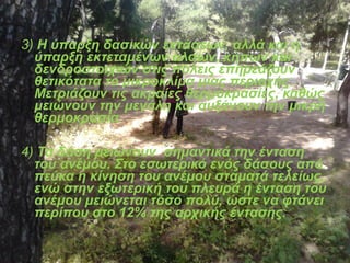 3) Η ύπαρξη δασικών εκτάσεων, αλλά και η 
ύπαρξη εκτεταμένων αλσών, κήπων και 
δενδροστοιχιών στις πόλεις επηρεάζουν 
θετικότατα το μικροκλίμα μιας περιοχής. 
Μετριάζουν τις ακραίες θερμοκρασίες, καθώς 
μειώνουν την μεγάλη και αυξάνουν την μικρή 
θερμοκρασία. 
4) Τα δάση μειώνουν σημαντικά την ένταση 
του ανέμου. Στο εσωτερικό ενός δάσους από 
πεύκα η κίνηση του ανέμου σταματά τελείως, 
ενώ στην εξωτερική του πλευρά η ένταση του 
ανέμου μειώνεται τόσο πολύ, ώστε να φτάνει 
περίπου στο 12% της αρχικής έντασης. 
 