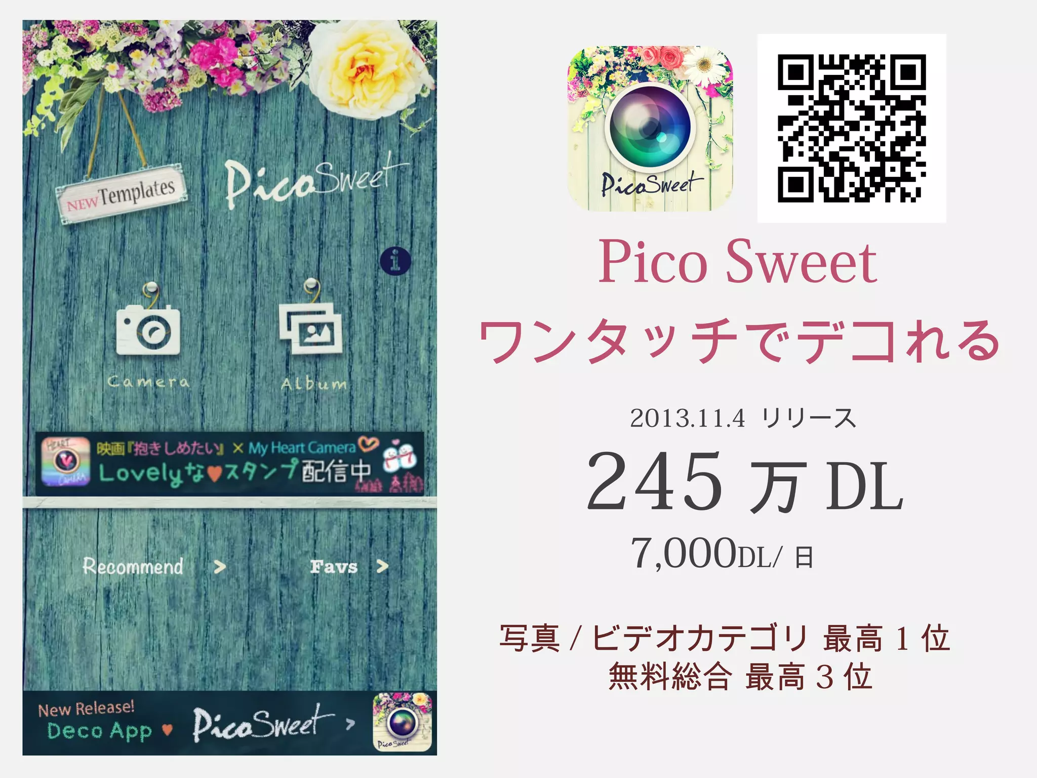 Pico Sweet 
ワンタッチでデコれる 
2013.11.4 リリース 
245 万DL 
7,000DL/日 
写真/ビデオカテゴリ 最高1位　 
無料総合 最高3位 
 