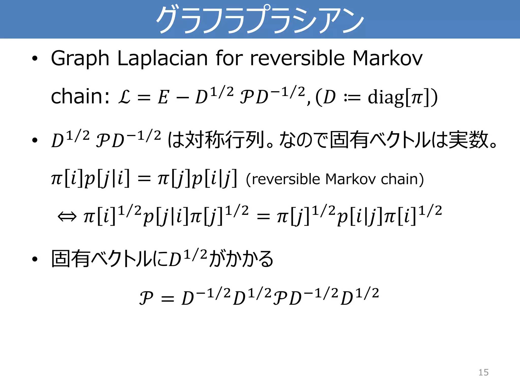グラフラプラシアン 
•Graph Laplacianfor reversible Markov chain: ℒ=퐸−퐷 12풫퐷− 12,퐷≔diag휋 
•퐷 12풫퐷− 12は対称行列。なので固有ベクトルは実数。 휋푖푝푗푖=휋푗푝푖푗(reversible Markov chain) ⇔휋푖 12푝푗푖휋푗 12=휋푗 12푝푖푗휋푖 12 
•固有ベクトルに퐷 12がかかる 풫=퐷− 12퐷 12풫퐷− 12퐷 12 
15 
 