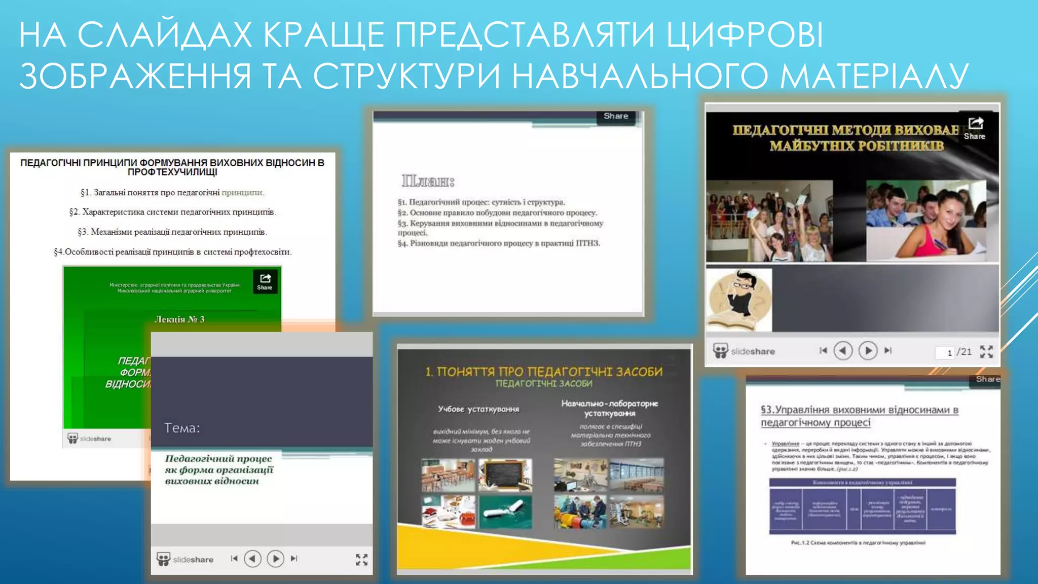 НА СЛАЙДАХ КРАЩЕ ПРЕДСТАВЛЯТИ ЦИФРОВІ 
ЗОБРАЖЕННЯ ТА СТРУКТУРИ НАВЧАЛЬНОГО МАТЕРІАЛУ 
 