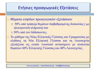 Ετήσιες προαγωγικές Εξετάσεις 
 Θέματα ετησίων προαγωγικών εξετάσεων 
 50% από τράπεζα θεμάτων διαβαθμισμένης δυσκολίας ( με 
ηλεκτρονική κλήρωση) και 
 50% από τον διδάσκοντες. 
 Το μάθημα της Νέας Ελληνικής Γλώσσας και Γραμματείας με 
κλάδους τη Νέα Ελληνική Γλώσσα και τη Λογοτεχνία 
εξετάζεται ως ενιαίο γνωστικό αντικείμενο με αναλογία 
θεμάτων 60% Ελληνικής Γλώσσας και 40%Λογοτεχνίας . 
Τσούνης Βασίλης - www.btsounis.gr - mail@btsounis.gr 
 