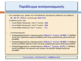 Παράδειγμα αναπροσαρμογής 
 Ένα υποψήφιος έχει γράψει στα 4 πανελλαδικώς εξεταζόμενα μαθήματα τους βαθμούς 
16 – 18 –17 – 17,8 και συνεπώς έχει Μ.Ο =17,2 
Ο μαθητής αυτός είχε: 
 Γενικό Βαθμό Προαγωγής στην Α΄ Λυκείου : 18,2 
 Γενικό Βαθμό Προαγωγής στην Β΄ Λυκείου : 18,4 
 Γενικό Βαθμό Απόλυσης στην Γ΄ Λυκείου : 16,1 
 … Η αναπροσαρμογή… 
 Αναπροσαρμοσμένος «προαγωγικός» Βαθμός Α΄ Λυκείου: Α=18,2 ( ο βαθμός 
αυτός δεν υφίσταται καμία μεταβολή γιατί είναι μεγαλύτερος μόνο κατά μία 
μονάδα) 
 Αναπροσαρμοσμένος «προαγωγικός» Βαθμός Α΄ Λυκείου: Β=18,2 ( ο βαθμός 
αυτός μειώθηκε κατά 0,2 ώστε να είναι μεγαλύτερος μόνο κατά μία μονάδα) 
 Αναπροσαρμοσμένος «απολυτήριος» Βαθμός Γ΄ Λυκείου: Γ=17,1 ( ο βαθμός 
αυτός αυξήθηκε στο μέγιστο που μπορεί να αυξηθεί δηλαδή κατά μία 
μονάδα) 
Τσούνης Βασίλης - www.btsounis.gr - mail@btsounis.gr 
 