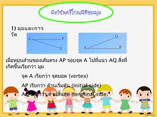 1) มุมและการ 
วัด 
เมื่อหมุนส่วนของเส้นตรง AP รอบจุด A ไปที่แนว AQ สิ่งที่ 
เกิดขึ้นเรียกว่า มุม 
จุด A เรียกว่า จุดยอด (vertex) 
AP เรียกว่า ด้านเริ่มต้น (initial side) 
AQ เรียกว่า ด้านสิ้นสุด (terminal side) 
 
