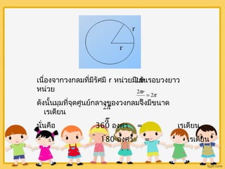 เนื่องจากวงกลมที่มีรัศมี r หน่วยมี2เส้pr 
นรอบวงยาว 
หน่วย 
2p r 
= 2p 
ดังนั้นมุมที่จุดศูนย์กลาง2p 
ของวงกลมจึr 
งมีขนาด 
เรเดียน 
p 
นั่นคือ 360 องศา = เรเดียน 
180 องศา = เรเดียน 
 