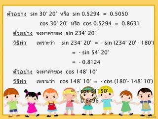 ตัวอย่าง sin 30° 20' หรือ sin 0.5294 = 0.5050 
cos 30° 20' หรือ cos 0.5294 = 0.8631 
ตัวอย่าง จงหาค่าของ sin 234° 20' 
วิธีทำา เพราะว่า sin 234° 20' = - sin (234° 20' - 180°) 
= - sin 54° 20' 
= - 0.8124 
ตัวอย่าง จงหาค่าของ cos 148° 10' 
วิธีทำา เพราะว่า cos 148° 10' = - cos (180°- 148° 10') 
= - cos 31° 50' 
= - 0.8496 
 