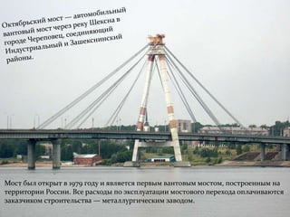 Мост был открыт в 1979 году и является первым вантовым мостом, построенным на 
территории России. Все расходы по эксплуатации мостового перехода оплачиваются 
заказчиком строительства — металлургическим заводом. 
 
