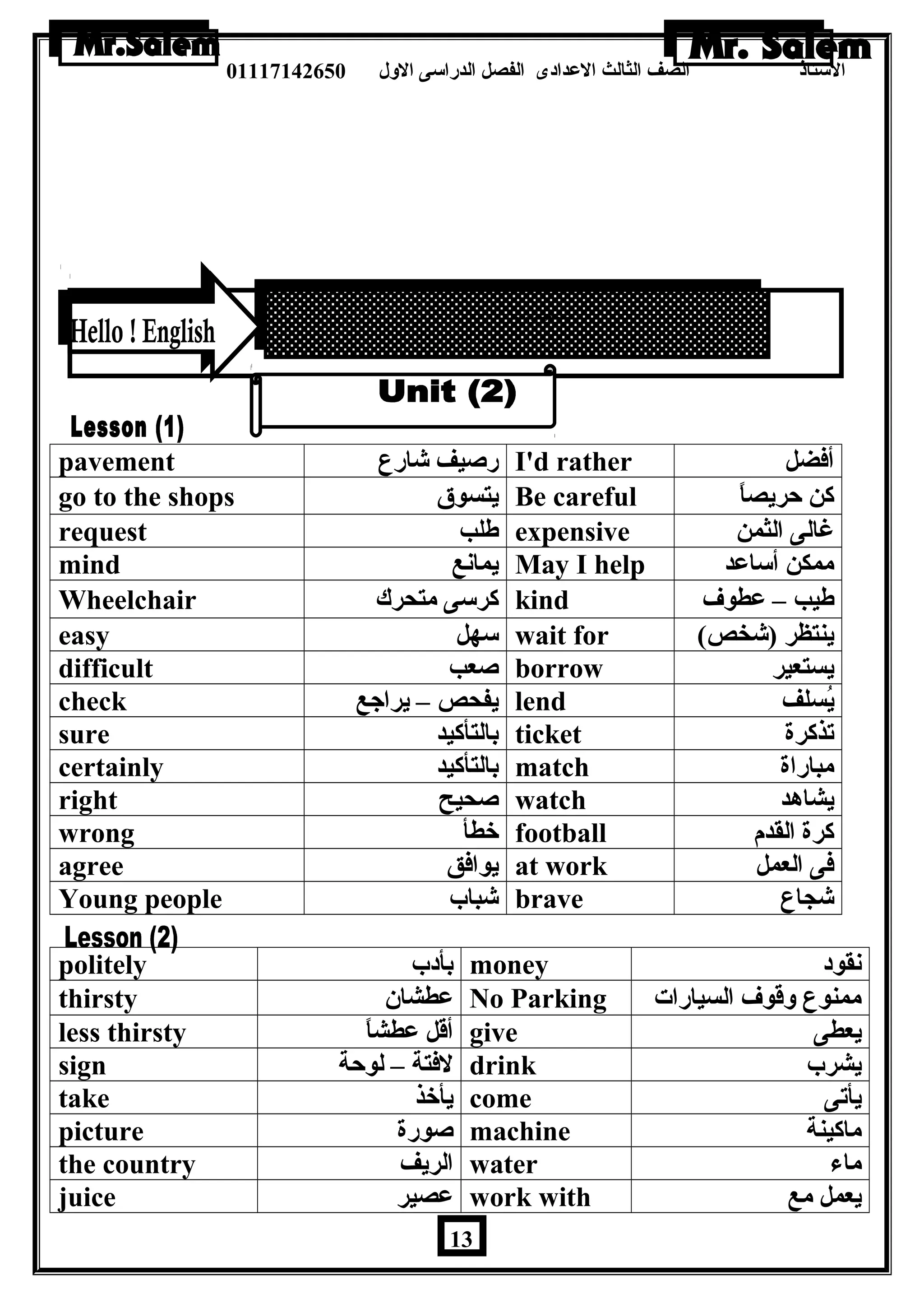 الستاذ الصف الثالث العددادى الفصل الدراسى الولل 01117142650 
pavement رصيف شارع I'd rather أفضل 
go to the shops يتسوق Be careful كن حريصاً 
request طلب expensive غالى الثمن 
mind يمانع May I help ممكن أساعدد 
Wheelchair كرسى متحرك kind طيب – عدطوف 
easy سهل wait for ( ينتظر (شخص 
difficult صعب borrow يستعير 
check يفحص – يراجع lend يُسلف 
sure بالتأكيد ticket تذكرة 
certainly بالتأكيد match مباراة 
right صحيح watch يشاهرد 
wrong خطأ football كرة القدم 
agree يوافق at work فى العمل 
Young people شباب brave شجاع 
politely بأدب money نقود 
thirsty عدطشان  No Parking ممنوع ولقوف السيارات 
less thirsty أقل عدطشاً give يعطى 
sign لفتة – لوحة drink يشرب 
take يأخذ come يأتى 
picture صورة machine ماكينة 
the country الريف water ماء 
juice عدصير work with يعمل مع 
13 
 