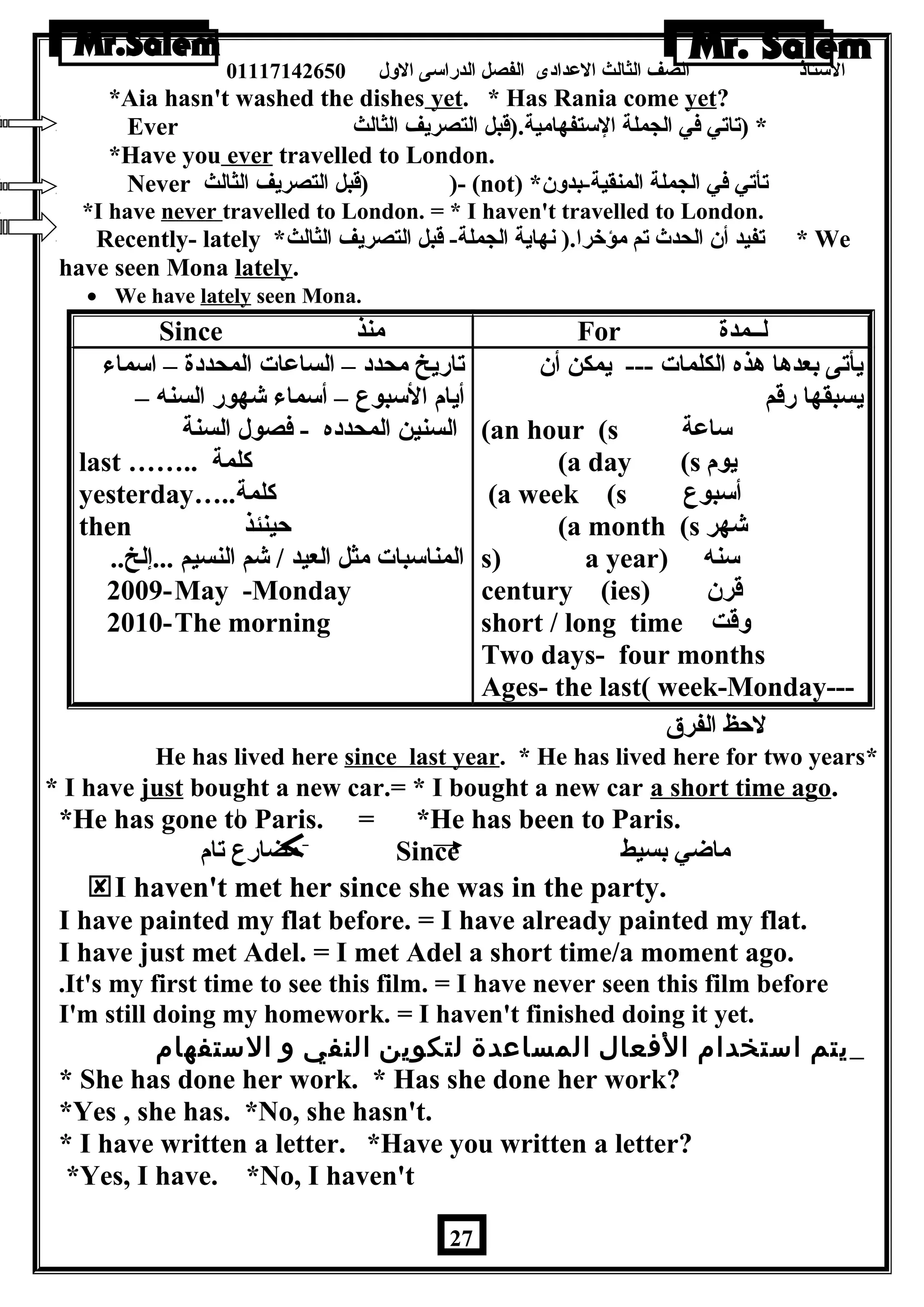 الستاذ الصف الثالث العددادى الفصل الدراسى الولل 01117142650 
*Aia hasn't washed the dishes yet. * Has Rania come yet? 
Ever * (تاتي في الجملة الستفهامية.(قبل التصريف الثالث 
*Have you ever travelled to London. 
Never قبل التصريف الثالث ) )- (not) * تأتي في الجملة المنقية-بدولن 
*I have never travelled to London. = * I haven't travelled to London. 
Recently- lately * تفيد أن الحدث تم مؤخرا.( نهاية الجملة- قبل التصريف الثالث * We 
have seen Mona lately. 
· We have lately seen Mona. 
Since منذ For لــمدة 
تاريخ محدد – الساعدات المحددة – اسماء 
أيام السبوع – أسماء شهور السنه – 
السنين المحدده - فصول السنة 
last …….. كلمة 
yesterday….. كلمة 
then حينئذ 
المناسبات مثل العيد / شم النسيم ...إلخ.. 
2009-May -Monday 
2010-The morning 
يأتى بعدها هذه الكلمات --- يمكن أن 
يسبقها رقم 
(an hour (s ساعدة 
(a day (s يوم 
(a week (s أسبوع 
(a month (s شهر 
s) a year) سنه 
century (ies) قرن 
short / long time ولقت 
Two days- four months 
Ages- the last( week-Monday--- 
لحظ الفرق 
He has lived here since last year. * He has lived here for two years* 
* I have just bought a new car.= * I bought a new car a short time ago. 
*He has gone to Paris. = *He has been to Paris. 
مضارع تام Since ماضي بسيط 
I haven't met her since she was in the party. 
I have painted my flat before. = I have already painted my flat. 
I have just met Adel. = I met Adel a short time/a moment ago. 
.It's my first time to see this film. = I have never seen this film before 
I'm still doing my homework. = I haven't finished doing it yet. 
يتم استخدام الفعال المساعدة لتكوين النفي و الستفهام 
* She has done her work. * Has she done her work? 
*Yes , she has. *No, she hasn't. 
* I have written a letter. *Have you written a letter? 
*Yes, I have. *No, I haven't 
27 
 