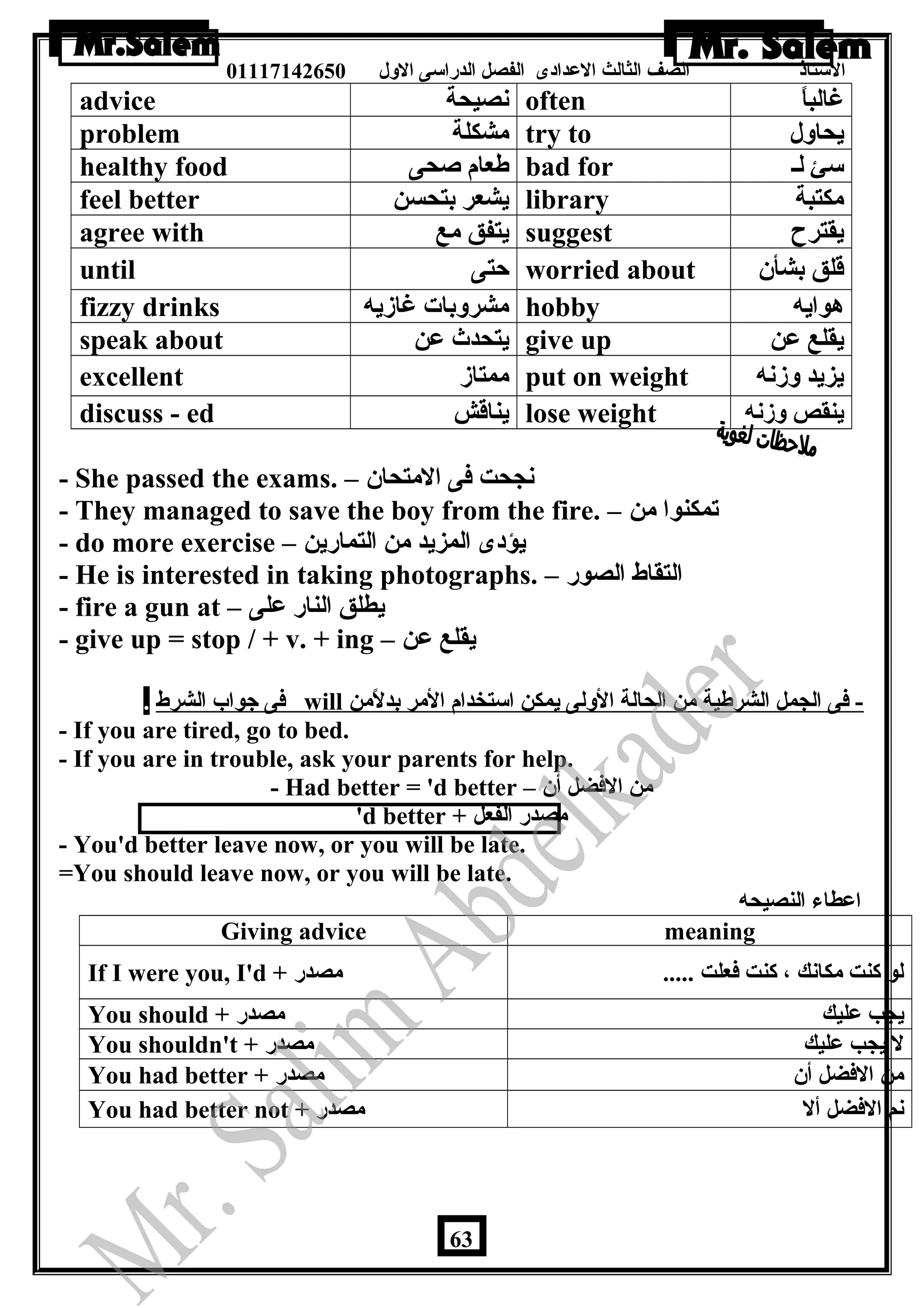 الستاذ الصف الثالث العددادى الفصل الدراسى الولل 01117142650 
advice نصيحة often غالباً 
problem مشكلة try to يحاولل 
healthy food طعام صحى bad for سئ لـ 
feel better يشعر بتحسن library مكتبة 
agree with يتفق مع suggest يقترح 
until حتى worried about قلق بشأن 
fizzy drinks مشرولبات غازيه hobby هوايه 
speak about يتحدث عدن give up يقلع عدن 
excellent ممتاز put on weight يزيد ولزنه 
discuss - ed يناقش lose weight ينقص ولزنه 
- She passed the exams. – نجحت فى المتحان 
- They managed to save the boy from the fire. – تمكنوا من 
- do more exercise – يؤدى المزيد من التمارين 
- He is interested in taking photographs. – التقاط الصور 
- fire a gun at – يطلق النار عدلى 
- give up = stop / + v. + ing – يقلع عدن 
فى جواب الشرط . will - فى الجمل الشرطية من الحالة الوللى يمكن استخدام المر بدلًمن 
- If you are tired, go to bed. 
- If you are in trouble, ask your parents for help. 
- Had better = 'd better – من الفضل أن 
'd better + مصدر الفعل 
- You'd better leave now, or you will be late. 
=You should leave now, or you will be late. 
اعدطاء النصيحه 
Giving advice meaning 
If I were you, I'd + لو كنت مكانك ، كنت فعلت ..... مصدر 
You should + يجب عدليك مصدر 
You shouldn't + ل يجب عدليك مصدر 
You had better + من الفضل أن مصدر 
You had better not + نم الفضل أل مصدر 
63 
 