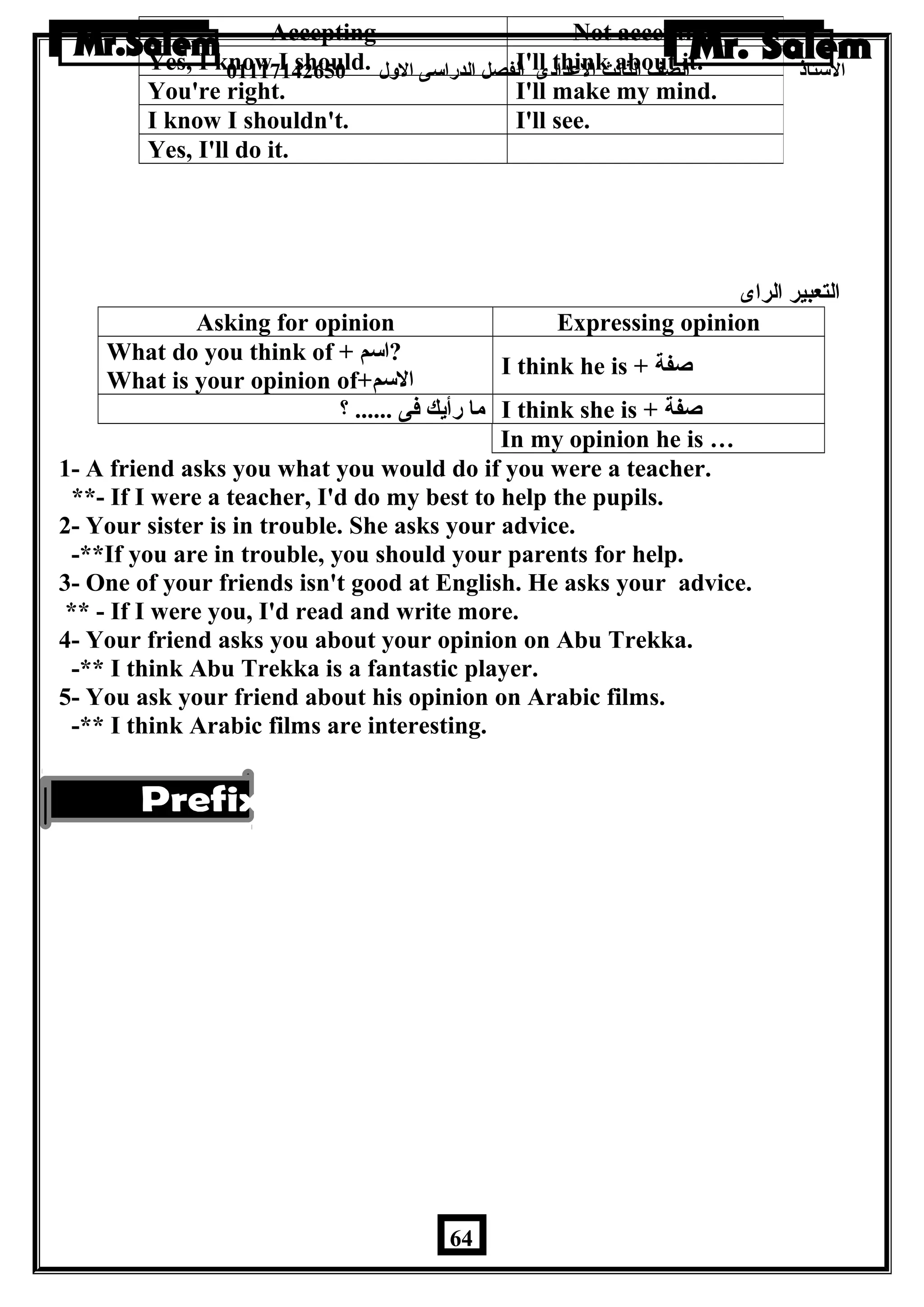 Accepting Not accepting 
Yes, I know I should. I'll think about it. 
You're right. I'll make my mind. 
I know I shouldn't. I'll see. 
Yes, I'll do it. 
الستاذ الصف الثالث العددادى الفصل الدراسى الولل 01117142650 
التعبير الراى 
Asking for opinion Expressing opinion 
What do you think of + اسم ? I think he is + صفة 
What is your opinion of+ السم 
ما رأيك فى ...... ؟ I think she is + صفة 
In my opinion he is … 
1- A friend asks you what you would do if you were a teacher. 
**- If I were a teacher, I'd do my best to help the pupils. 
2- Your sister is in trouble. She asks your advice. 
-**If you are in trouble, you should your parents for help. 
3- One of your friends isn't good at English. He asks your advice. 
** - If I were you, I'd read and write more. 
4- Your friend asks you about your opinion on Abu Trekka. 
-** I think Abu Trekka is a fantastic player. 
5- You ask your friend about his opinion on Arabic films. 
-** I think Arabic films are interesting. 
64 
 
