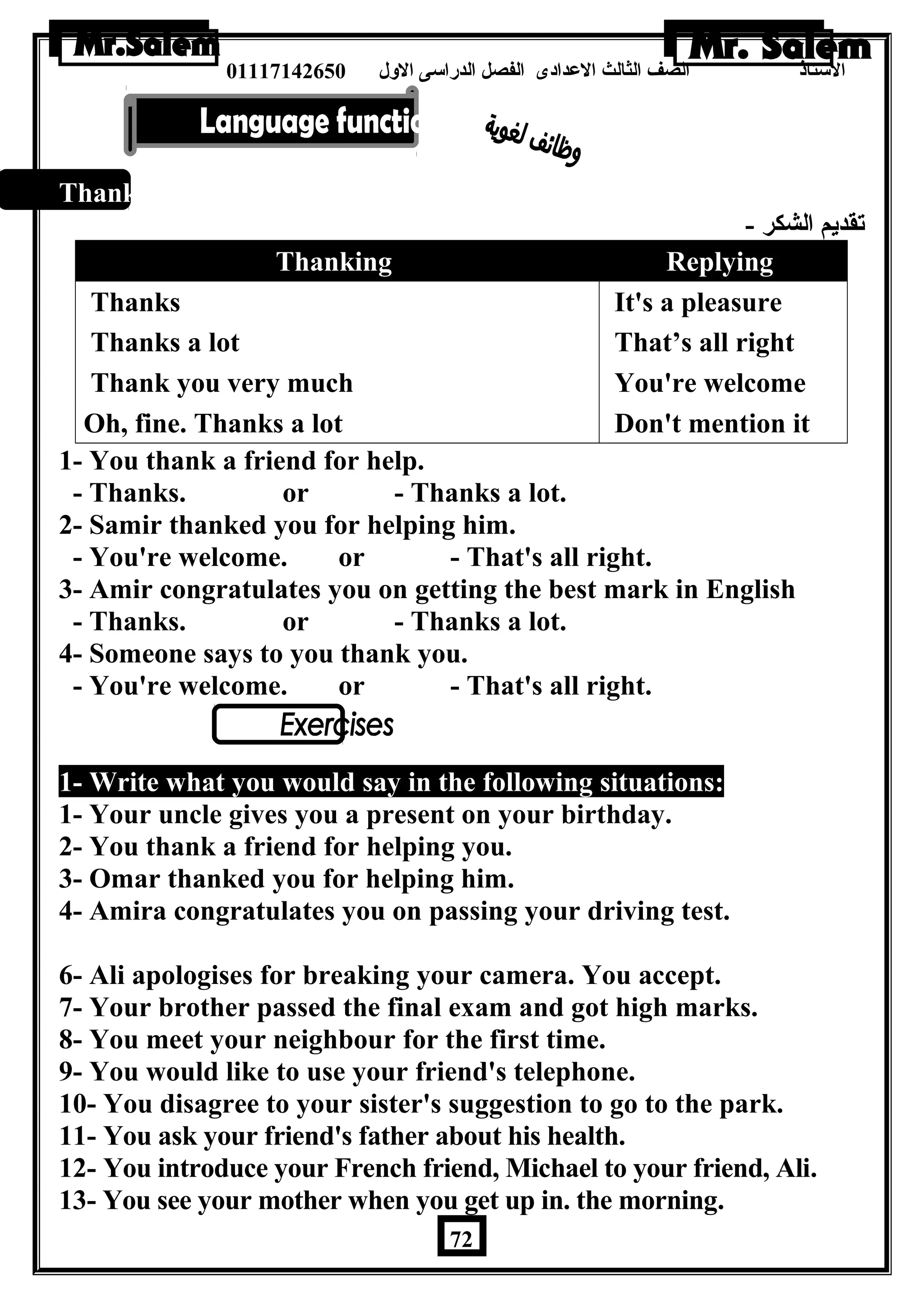 الستاذ الصف الثالث العددادى الفصل الدراسى الولل 01117142650 
Thanking : 
تقديم الشكر - 
Thanking Replying 
Thanks It's a pleasure 
Thanks a lot That’s all right 
Thank you very much You're welcome 
Oh, fine. Thanks a lot Don't mention it 
1- You thank a friend for help. 
- Thanks. or - Thanks a lot. 
2- Samir thanked you for helping him. 
- You're welcome. or - That's all right. 
3- Amir congratulates you on getting the best mark in English 
- Thanks. or - Thanks a lot. 
4- Someone says to you thank you. 
- You're welcome. or - That's all right. 
1- Write what you would say in the following situations: 
1- Your uncle gives you a present on your birthday. 
2- You thank a friend for helping you. 
3- Omar thanked you for helping him. 
4- Amira congratulates you on passing your driving test. 
6- Ali apologises for breaking your camera. You accept. 
7- Your brother passed the final exam and got high marks. 
8- You meet your neighbour for the first time. 
9- You would like to use your friend's telephone. 
10- You disagree to your sister's suggestion to go to the park. 
11- You ask your friend's father about his health. 
12- You introduce your French friend, Michael to your friend, Ali. 
13- You see your mother when you get up in. the morning. 
72 
 