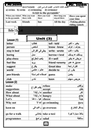 الستاذ الصف الثالث العددادى الفصل الدراسى الولل 01117142650 
a) swims b) swim c) swimming d) swimmer 
Avisit to the pyramids 
When you visited 
to the pyramids 
Who you went 
there with 
How you went 
there 
How long you 
stayed there 
Have you spent 
your time 
Last week friends bus All the day -Taking photos 
riding camels 
letter خطاب tell - told يخبر – أخبر 
person شخص know - knew يعرف - عرف 
stay in bed يبقى فى الفراش write - wrote يكتب – كتب 
boring ممل borrow × lend يسلف × يستلف 
play chess يلعب شطرنج ill × well بخير × مريض 
feel like يريد friend ×enemy عدو × صديق 
suggest يقترح Great idea فكرة رائعة 
world عالم – عالمى decide to يقرر أن 
pen friends أصدقاء المراسلة guess يخمن 
club نادى keen حريص -مهتم 
make 
suggestions يقدم اقتراح refuse يرفض 
accept يقبل 
How about ؟ ما رأيك another اخر 
What about ؟ ما رأيك hungry جائع 
Let's هيا – دعدنا cheese جبنة 
Why not لما ل go swimming يسبح 
keen on راغب فى go overseas يسافر للخارج 
go for a walk يتمشى take a taxi يأخذ سيارة أجرة 
programmes برامج salad سلطةة 
22 
 