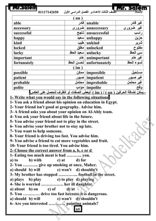 الستاذ الصف الثالث العددادى الفصل الدراسى الولل 01117142650 
( un ) 
able قادر unable غير قادر 
necessary ضرولرى unnecessary غير ضرولرى 
successful ناجح unsuccessful راسب 
happy سعيد unhappy حزين 
kind طيب unkind شرير 
locked مغلق unlocked مفتوح 
lucky سعيد الحظ unlucky سئ الحظ 
important هام unimportant غير هام 
fortunately لحسن الحظ unfortunately لسوء الحظ 
( im ) 
possible ممكن impossible مستحيل 
patient صبور impatient غير صبور 
probable محتمل improbable غير محتمل 
polite مؤدب impolite ولقح 
لبعض الصفات أول الظرف لنحصل عدلى العكس . ( im ) / ( un ) - يمكن إضافة الحرفين 
1- Write what you would say in the following situations: 
1- You ask a friend about his opinion on education in Egypt. 
2- Your friend isn't good at geography. Advise him. 
3- A friend asks you about your opinion on Al-Ahly team. 
4- You ask your friend about life in the future. 
5- You advise your friend not to play in the street. 
6- You advise your brother not to stay up late. 
7- You want to help someone. 
8- Your friend is driving too fast. You advise him. 
9- You advise a friend to eat more vegetables and fruit. 
10- Your friend is too tired. You advise him. 
2- Choose the correct answer from a, b, c or d : 
1- Eating too much meat is bad ……….. you. 
a) to b) with c) at d) for 
2- You ……….. give up smoking at once, Maher. 
a) should b) will c) won't d) shouldn't 
3- My brother has stopped ………….. football in the street. 
a) plays b) play c) to play d) playing 
4- She is worried ……………. her ill daughter. 
a) about b) on c) of d) at 
5- You ………… drive too fast because it is dangerous. 
a) should b) will c) won't d) shouldn't 
6- Are you interested ………… painting animals? 
65 
 