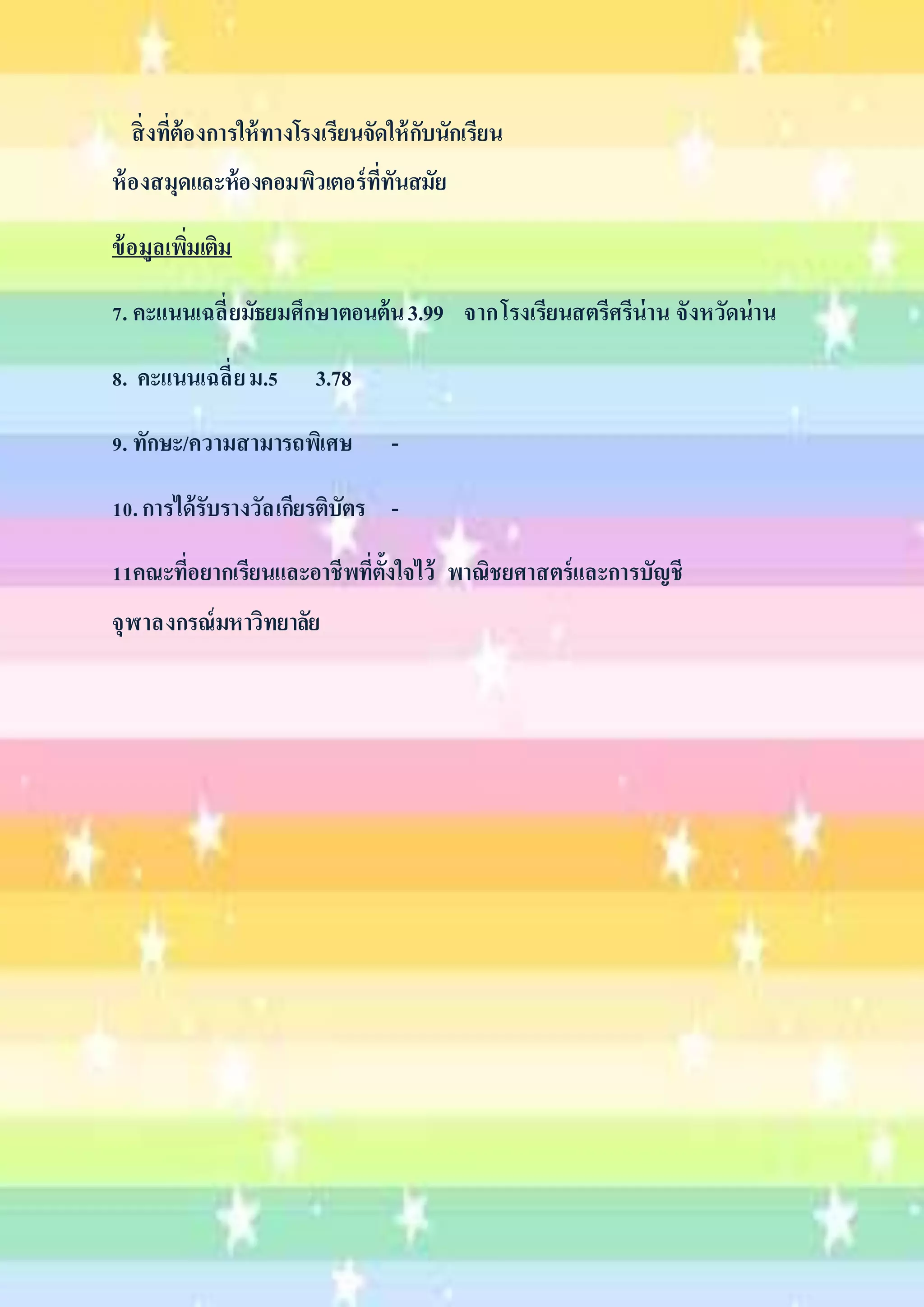 สิ่งที่ต้องการให้ทางโรงเรียนจัดให้กับนักเรียน 
ห้องสมุดและห้องคอมพิวเตอร์ที่ทันสมัย 
ข้อมูลเพมิ่เติม 
7. คะแนนเฉลี่ยมัธยมศึกษาตอนต้น 3.99 จาก โรงเรียนสตรีศรีน่าน จังหวัดน่าน 
8. คะแนนเฉลี่ย ม.5 3.78 
9. ทักษะ/ความสามารถพิเศษ - 
10. การได้รับรางวัลเกียรติบัตร - 
11คณะที่อยากเรียนและอาชีพที่ตั้งใจไว้ พาณิชยศาสตร์และการบัญชี 
จุฬาลงกรณ์มหาวิทยาลัย 
