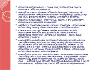  педагоги-організатори – повну вищу педагогічну освіту 
незалежно від спеціальності; 
 методисти методичних кабінетів (центрів), інститутів 
післядипломної педагогічної освіти – повну вищу педагогічну 
або іншу фахову освіту з напряму методична робота; 
 практичні психологи – повну вищу освіту зі спеціальності 
практична психологія, психологія; 
 завідувачі логопедичними пунктами, логопеди – повну вищу 
педагогічну освіту зі спеціальності корекційна освіта; 
 вихователі груп продовженого дня загальноосвітніх 
навчальних закладів, вихователі шкіл-інтернатів та 
професійно-технічних навчальних закладів – повну вищу 
педагогічну освіту; 
 вихователі-методисти, вихователі дошкільних навчальних 
закладів – повну вищу педагогічну освіту зі спеціальності 
дошкільна освіта, дошкільне виховання або які мають дві 
освіти, одна з яких – неповна вища педагогічна або базова 
педагогічна з цієї самої спеціальності, а друга – повна вища 
педагогічна освіта за іншим фахом; 
 викладачі початкових спеціалізованих мистецьких навчальних 
закладів (шкіл естетичного виховання), концертмейстери – 
повну вищу фахову освіту або які мають дві освіти, одна з 
яких – неповна вища фахова або базова фахова освіта, а друга 
– повна вища педагогічна освіта відповідного спрямування; 
 