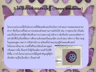 3.โครงงานจา ลองทฤษฏี (Theory Simulation) 
โครงงานประเภทนี้เป็นโครงงานที่ใช้คอมพิวเตอร์ช่วยในการจา ลองการทดลองของสาขา 
ต่างๆ ซึ่งเป็นงานที่ไมส่ามารถทดลองด้วยสถานการณ์จริงได้ เช่น การจุดระเบิด เป็นต้น 
และเป็นโครงงานที่ผู้ทา ต้องศึกษารวบรวมความรู้ หลักการ ข้อเท็จจริง และแนวคิดต่างๆ 
อย่างลึกซึ้งในเรื่องที่ต้องการศึกษาแล้วเสนอเป็นแนวคิด แบบจา ลอง หลักการ ซึ่งอาจอยู่ 
ในรูปของสูตร สมการ หรือคา อธิบาย พร้อมทั้งจา ลองทฤษฏีด้วยคอมพิวเตอร์ 
ให้ออกมาเป็นภาพ ภาพที่ได้ก็จะเปลี่ยนไปตามสูตร 
หรือสมการนั้น ซึ่งจะทา ให้ผู้เรียนมีความเข้าใจได้ดี 
ยงิ่ขึ้น การทา โครงงานประเภทนี้มีจุดสา คัญอยู่ที่ผู้ทา 
ต้องมีความรู้ในเรื่องนั้นๆ เป็นอย่างดี 
 