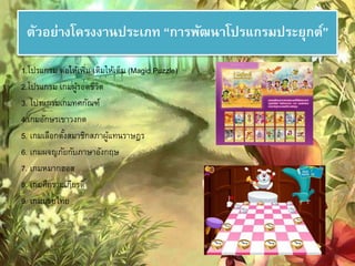 ตัวอย่างโครงงานประเภท “การพัฒนาโปรแกรมประยุกต์” 
1.โปรแกรม ต่อให้เพมิ่ เติมให้เต็ม (Magic Puzzle) 
2.โปรแกรม เกมผู้รอดชีวิต 
3. โปรแกรมเกมทศกัณฑ์ 
4.เกมอักษรเขาวงกต 
5. เกมเลือกตัง้สมาชิกสภาผู้แทนราษฎร 
6. เกมผจญภัยกับภาษาอังกฤษ 
7. เกมหมากฮอส 
8. เกมศึกรามเกียรติ ์ 
9. เกมมวยไทย 
 
