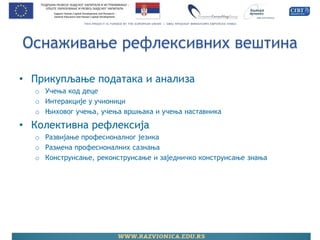 Оснаживање рефлексивних вештина 
•Прикупљање података и анализа 
oУчења код деце 
oИнтеракције у учионици 
oЊиховог учења, учења вршњака и учења наставника 
•Колективна рефлексија 
oРазвијање професионалног језика 
oРазмена професионалних сазнања 
oКонструисање, реконструисање и заједничко конструисање знања  