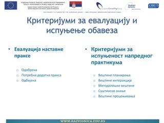 Критеријуми за евалуацију и испуњење обавеза 
•Критеријуми за испуњеност напредног практикума 
oВештине планирања 
oВештине интеракције 
oМетодолошке вештине 
oСуштинско знање 
oВештине процењивања 
•Евалуација наставне праксе 
oОдобрена 
oПотребна додатна пракса 
oОдбијена  