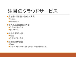 注目のクラウドサービス 
見積書/請求書の発行が大変 
misoca 
MakeLeaps 
仕入れ先の確保が大変 
クラウドワークス 
ランサーズ 
給与計算が大変 
freee 
クラウドワークス 
経理処理が大変 
freee 
マネーフォワード（どちらかというと家計簿だが）  