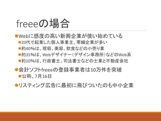 freeeの場合 
Webに感度の高い新興企業が使い始めている 
20代で起業した個人事業主、零細企業が多い 
約40％は、理容、美容、飲食などの小売り業 
約35％は、Webデザイナー（デザイン事務所）などのWeb系 
約10％は、行政書士、司法書士などの士業と不動産会社 
会計ソフトfreeeの登録事業者は10万件を突破 
公称、7月16日 
リスティング広告に最初に飛びついたのも中小企業  