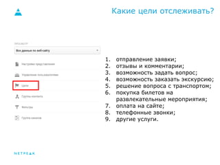Какие цели отслеживать? 
1. отправление заявки; 
2. отзывы и комментарии; 
3. возможность задать вопрос; 
4. возможность заказать экскурсию; 
5. решение вопроса с транспортом; 
6. покупка билетов на 
развлекательные мероприятия; 
7. оплата на сайте; 
8. телефонные звонки; 
9. другие услуги. 
 