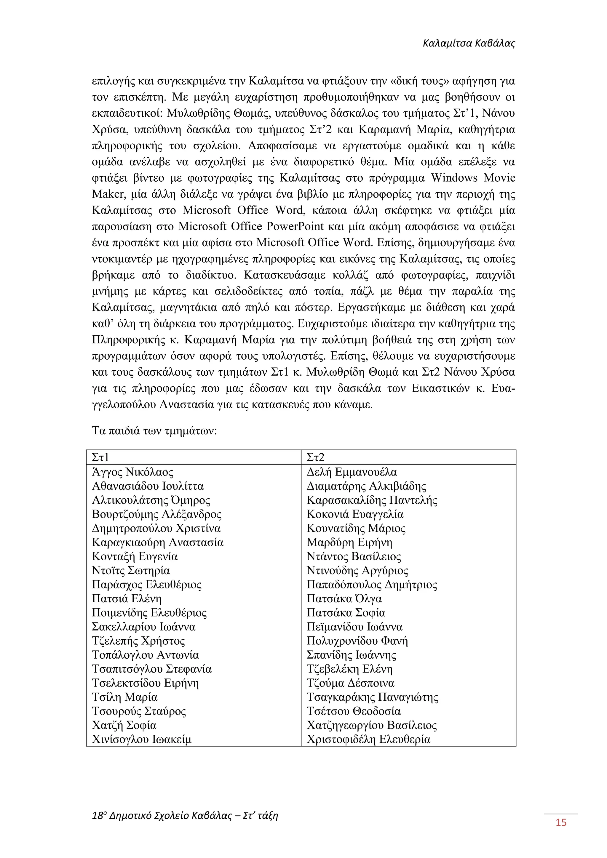 Καλαμίτσα Καβάλας 
18ο Δημοτικό Σχολείο Καβάλας – Στ’ τάξη 
15 
επιλογής και συγκεκριμένα την Καλαμίτσα να φτιάξουν την «δική τους» αφήγηση για 
τον επισκέπτη. Με μεγάλη ευχαρίστηση προθυμοποιήθηκαν να μας βοηθήσουν οι 
εκπαιδευτικοί: Μυλωθρίδης Θωμάς, υπεύθυνος δάσκαλος του τμήματος Στ’1, Νάνου 
Χρύσα, υπεύθυνη δασκάλα του τμήματος Στ’2 και Καραμανή Μαρία, καθηγήτρια 
πληροφορικής του σχολείου. Αποφασίσαμε να εργαστούμε ομαδικά και η κάθε 
ομάδα ανέλαβε να ασχοληθεί με ένα διαφορετικό θέμα. Μία ομάδα επέλεξε να 
φτιάξει βίντεο με φωτογραφίες της Καλαμίτσας στο πρόγραμμα Windows Movie 
Maker, μία άλλη διάλεξε να γράψει ένα βιβλίο με πληροφορίες για την περιοχή της 
Καλαμίτσας στο Microsoft Office Word, κάποια άλλη σκέφτηκε να φτιάξει μία 
παρουσίαση στο Microsoft Office PowerPoint και μία ακόμη αποφάσισε να φτιάξει 
ένα προσπέκτ και μία αφίσα στο Microsoft Office Word. Επίσης, δημιουργήσαμε ένα 
ντοκιμαντέρ με ηχογραφημένες πληροφορίες και εικόνες της Καλαμίτσας, τις οποίες 
βρήκαμε από το διαδίκτυο. Κατασκευάσαμε κολλάζ από φωτογραφίες, παιχνίδι 
μνήμης με κάρτες και σελιδοδείκτες από τοπία, πάζλ με θέμα την παραλία της 
Καλαμίτσας, μαγνητάκια από πηλό και πόστερ. Εργαστήκαμε με διάθεση και χαρά 
καθ’ όλη τη διάρκεια του προγράμματος. Ευχαριστούμε ιδιαίτερα την καθηγήτρια της 
Πληροφορικής κ. Καραμανή Μαρία για την πολύτιμη βοήθειά της στη χρήση των 
προγραμμάτων όσον αφορά τους υπολογιστές. Επίσης, θέλουμε να ευχαριστήσουμε 
και τους δασκάλους των τμημάτων Στ1 κ. Μυλωθρίδη Θωμά και Στ2 Νάνου Χρύσα 
για τις πληροφορίες που μας έδωσαν και την δασκάλα των Εικαστικών κ. Ευα- 
γγελοπούλου Αναστασία για τις κατασκευές που κάναμε. 
Τα παιδιά των τμημάτων: 
Στ1 Στ2 
Άγγος Νικόλαος 
Αθανασιάδου Ιουλίττα 
Αλτικουλάτσης Όμηρος 
Βουρτζούμης Αλέξανδρος 
Δημητροπούλου Χριστίνα 
Καραγκιαούρη Αναστασία 
Κονταξή Ευγενία 
Ντοϊτς Σωτηρία 
Παράσχος Ελευθέριος 
Πατσιά Ελένη 
Ποιμενίδης Ελευθέριος 
Σακελλαρίου Ιωάννα 
Τζελεπής Χρήστος 
Τοπάλογλου Αντωνία 
Τσαπιτσόγλου Στεφανία 
Τσελεκτσίδου Ειρήνη 
Τσίλη Μαρία 
Τσουρούς Σταύρος 
Χατζή Σοφία 
Χινίσογλου Ιωακείμ 
Δελή Εμμανουέλα 
Διαματάρης Αλκιβιάδης 
Καρασακαλίδης Παντελής 
Κοκονιά Ευαγγελία 
Κουνατίδης Μάριος 
Μαρδύρη Ειρήνη 
Ντάντος Βασίλειος 
Ντινούδης Αργύριος 
Παπαδόπουλος Δημήτριος 
Πατσάκα Όλγα 
Πατσάκα Σοφία 
Πεϊμανίδου Ιωάννα 
Πολυχρονίδου Φανή 
Σπανίδης Ιωάννης 
Τζεβελέκη Ελένη 
Τζούμα Δέσποινα 
Τσαγκαράκης Παναγιώτης 
Τσέτσου Θεοδοσία 
Χατζηγεωργίου Βασίλειος 
Χριστοφιδέλη Ελευθερία 
