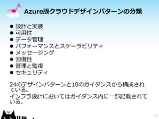 Azure版クラウドデザインパターンの分類 
 設計と実装 
 可用性 
 データ管理 
 パフォーマンスとスケーラビリティ 
 メッセージング 
 回復性 
 管理と監視 
 セキュリティ 
24のデザインパターンと10のガイダンスから構成され 
ている。 
インフラ設計においてはガイダンス内に一部記載されて 
いる。 
17 
 
