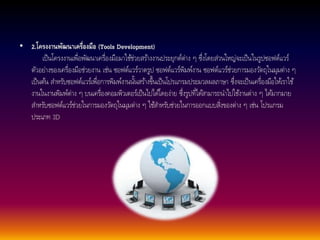 • 2.โครงงานพัฒนาเครื่องมือ (Tools Development) 
เป็นโครงงานเพื่อพัฒนาเครื่องมือมาใชช้่วยสรา้งงานประยุกต์ต่าง ๆ ซึ่งโดยส่วนใหญ่จะเป็นในรูปซอฟต์แวร์ 
ตัวอย่างของเครื่องมือช่วยงาน เช่น ซอฟต์แวร์วาดรูป ซอฟต์แวร์พิมพ์งาน ซอฟต์แวร์ช่วยการมองวตัถุในมุมต่าง ๆ 
เป็นตน้ สา หรับซอฟต์แวร์เพื่อการพิมพ์งานนนั้สรา้งขึ้นเป็นโปรแกรมประมวลผลภาษา ซึ่งจะเป็นเครื่องมือใหเ้ราใช้ 
งานในงานพิมพ์ต่าง ๆ บนเครื่องคอมพิวเตอร์เป็นไปไดโ้ดยง่าย ซึ่งรูปที่ไดส้ามารถนา ไปใชง้านต่าง ๆ ไดม้ากมาย 
สา หรับซอฟต์แวร์ช่วยในการมองวตัถุในมุมต่าง ๆ ใชส้า หรับช่วยในการออกแบบสิ่งของต่าง ๆ เช่น โปรแกรม 
ประเภท 3D 
 