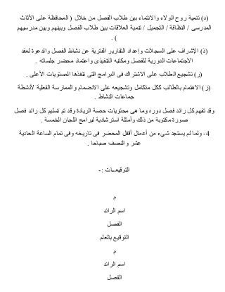 ( د)  تنمية روح الولء  والنتتماء  بين طلب  الفصل من خلل  ( المحافظة على الثااث 
المدرسى / النظافة / التجميل / تنمية العلقاات بين طلب  الفصل وبينهم وبين مدرسيهم 
. (  
( ذ)  الشرراف على السجلت وإعداد التقارير الفترية عن نتشاط الفصل والدعوة لعقد 
الجتتماعات الدورية للفصل ومكتبه التنفيذى واعتماد محضر جتلساته . 
( ر)  تشجيع الطلب  على الشرتراك فى البرامج التى تنفذها المستويات العلى . 
( ز)  الهتمام بالطالب ككل متكامل وتشجيعه على النتضمام والممارسة الفعلية لنتشطة 
جتماعات النشاط . 
وقاد تفهم كل رائد فصل دوره وما هى محتويات حصة الريادة وقاد تم تسليم كل رائد فصل 
صورة مكتوبة من ذلك وأمثلة استرشرادية لبرامج اللجان الخمسة . 
-4 ولما لم يستجد شريء  من أعمال  أقافل المحضر فى تاريخه وفى تمام الساعة الحادية 
عشر والنصف صباحا . 
التوقايعــات :- 
م 
اسم الرائد 
الفصل 
التوقايع بالعلم 
م 
اسم الرائد 
الفصل 
 