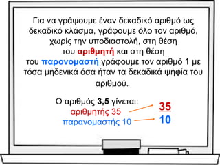 Για να γράψουμε έναν δεκαδικό αριθμό ως 
δεκαδικό κλάσμα, γράφουμε όλο τον αριθμό, 
χωρίς την υποδιαστολή, στη θέση 
του αριθμητή και στη θέση 
του παρονομαστή γράφουμε τον αριθμό 1 με 
τόσα μηδενικά όσα ήταν τα δεκαδικά ψηφία του 
αριθμού. 
Ο αριθμός 3,5 γίνεται: 
αριθμητής 35 
παρανομαστής 10 
35 
10 
 