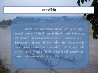 ผลการวิจัย 
จำกตำรำงที่ 2 แสดงกำรตรวจวัดสัตว์ไม่มีกระดูกสันหลัง 
ขนำดเล็ก ทำงคณะผู้จัดทำ ได้กำ หนดสัตว์ที่จะศึกษำดังนี้ ตัวอ่อนแมลง 
ชีปะขำวกระโปรงตัวอ่อนแมลงปอ และจิงโจ้น้ำ โดยตัวอ่อนแมลง 
ชีปะขำวกระโปรงมีคะแนนดัชนีคุณภำพน้ำ เท่ำกับ 4 ตัวอ่อนแมลงปอ 
มีคะแนนดัชนีคุณภำพน้ำ เท่ำกับ 6 และจิงโจ้น้ำ ไม่มีค่ำดัชนีคุณภำพน้ำ 
พบว่ำบริเวณหน้ำวัดใหญ่ ข้ำงโรงเรียนเฉลิมขวัญสตรี และหน้ำศำลำ 
กลำงจังหวัดมีตัวอ่อนแมลงชีปะขำวกระโปรง 
 