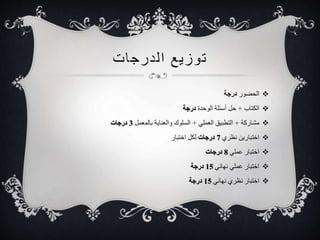 توزيع ا لدرجات 
الحضور درجة  
الكتاب + حل أسئلة الوحدة درجة  
مشاركة + التطبيق العملي + السلوك والعناية بالمعمل 3 درجات  
اختبارين نظري 7 درجات لكل اختبار  
اختبار عملي 8 درجات  
اختبار عملي نهائي 15 درجة  
اختبار نظري نهائي 15 درجة  
 