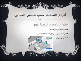 أ نواع ا لشبكات حسب ا ل نطاق ا لمكا ني 
مساحة صغيرة غرفة مثلا ا 
تربط الاب توب مع الجوالات الذكية مع الطابعة  
تدار من قبل فرد  
 