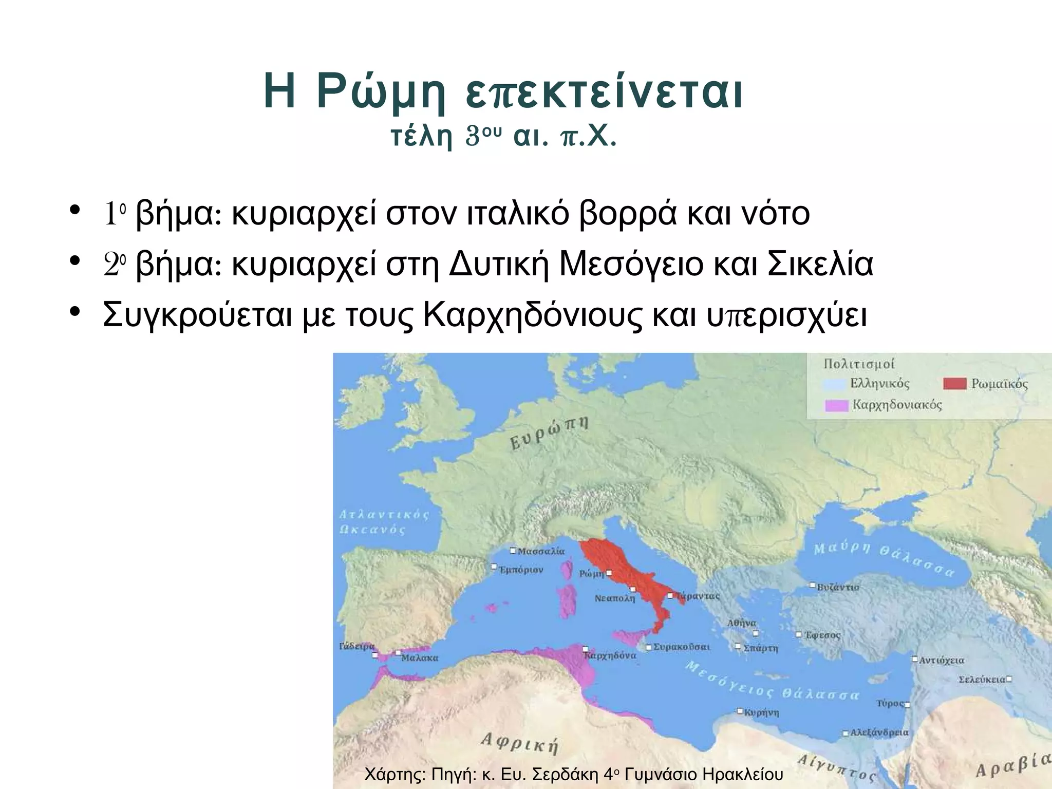 Η Ρώμη επεκτείνεται 
τέλη 3ου αι. π.Χ. 
• 1ο βήμα: κυριαρχεί στον ιταλικό βορρά και νότο 
• 2ο βήμα: κυριαρχεί στη Δυτική Μεσόγειο και Σικελία 
• Συγκρούεται με τους Καρχηδόνιους και υπερισχύει 
Χάρτης: Πηγή: κ. Ευ. Σερδάκη 4ο Γυμνάσιο Ηρακλείου 
 