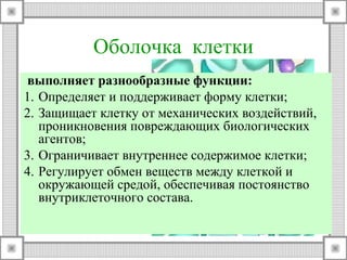 Оболочка клетки 
выполняет Оболочка 
разнообразные функции: 
1. Определяет и поддерживает форму клетки; 
2. Защищает клетку от механических воздействий, 
проникновения повреждающих биологических 
агентов; 
Поры 
3. Ограничивает внутреннее содержимое клетки; 
4. Регулирует обмен веществ между клеткой и 
окружающей средой, обеспечивая постоянство 
внутриклеточного состава. 
 