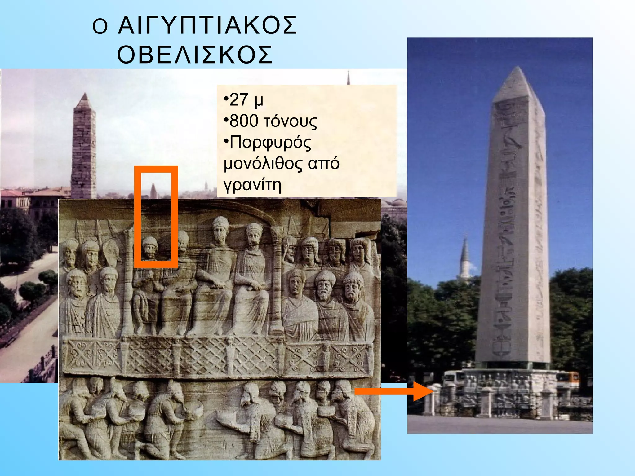 Ο ΑΙΓΥΠΤΙΑΚΟΣ 
ΟΒΕΛΙΣΚΟΣ 
•27 μ 
•800 τόνους 
•Πορφυρός 
μονόλιθος από 
γρανίτη 
 