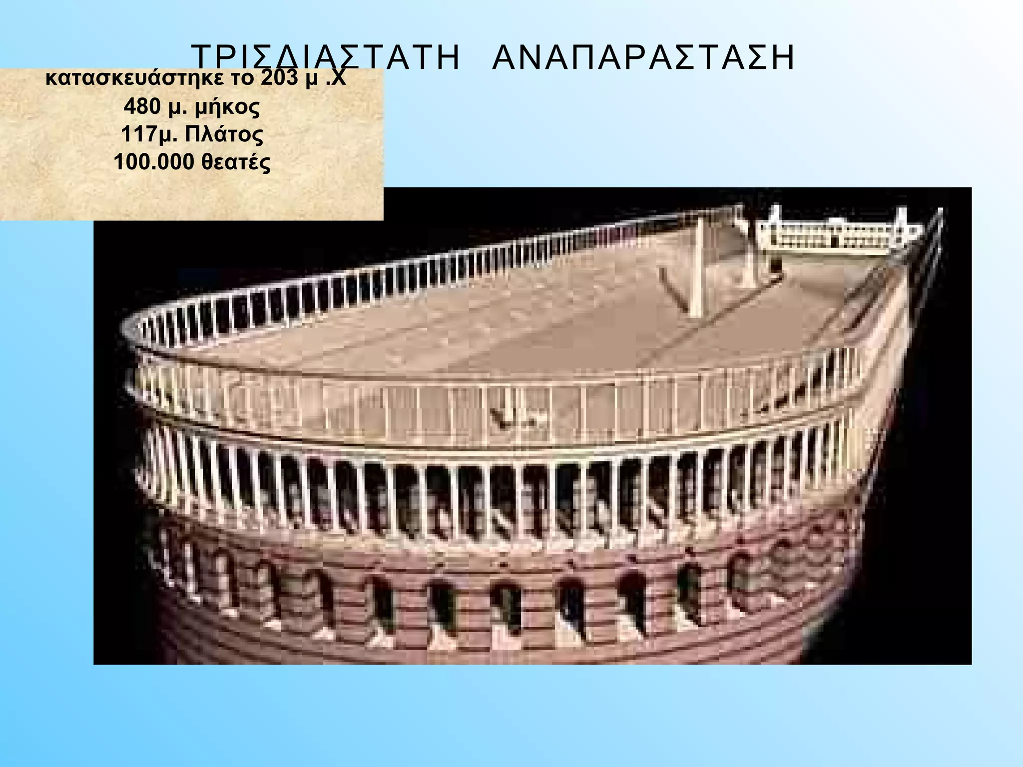 ΤΡΙΣΔΙΑΣΤΑΤΗ κατασκευάστηκε το 203 μ .Χ ΑΝΑΠΑΡΑΣΤΑΣΗ 
480 μ. μήκος 
117μ. Πλάτος 
100.000 θεατές 
 