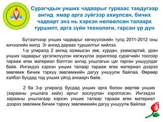 Сурагчдын унших чадварыг гурваас тавдугаар 
ангид ямар арга зүйгээр ахиулсан, бичих 
чадварт энэ нь хэрхэн нөлөөлсөн талаарх 
туршилт, арга зүйн технологи, гарсан үр дүн 
Бүтээлчээр унших чадварыг хөгжүүлэхийн тулд 2011-2012 оны 
хичээлийн жилд 3г ангид дараах туршилтыг хийлээ. 
1-р улиралд 2 ангид эзэмшсэн зөв, хурдан, ухамсартай, уран 
унших чадварыг үргэлжлүүлэн хөгжүүлэх зорилгоор сурагчийн тоогоор 
тарааж өгөх материал бэлтгэн ангид уншлагын цаг гарган уншуулдаг 
байв. Ингэхдээ хэрхэн унших талаар тарааж өгөх материал дээрээ 
зөвлөмж бичиж тэрхүү зөвлөмжийн дагуу уншуулж байлаа. Өөрөөр 
хэлбэл бусдад тод унших үйлд анхаарч байв. 
2 ба 3-р улиралд бусдад унших арга болон өөртөө унших 
(харааны уншлага хийх) аргыг хослуулан хэрэглэсэн. Ингэхдээ 
харааны уншлагаар хэрхэн унших талаар тарааж өгөх материал 
дээрээ зөвлөмж бичиж тэрхүү зөвлөмжийн дагуу уншуулж байлаа 
 