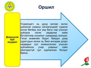 Оршил 
•Суралцагч нь дунд ангиас эхлэн 
шинжлэх ухааны хичээлүүдийг судалж 
эхлэх бөгөөд энэ үед багш нар уншсан 
зүйлдээ логик задаргаа хийж 
бүтээлчээр уншихыг шаардаад эхэлдэг. 
Гэтэл өнөөгийн бодит байдал дээр 
сурагчдын ихэнх нь бага ангидаа дээрх 
чадварыг сул эзэмшсэнээс уншсан 
зүйлийнхээ учир ухааныг сайн 
ойлгодоггүй сул сурлагатан болдог 
байна. 
Дэвшүүлж 
буй 
асуудал 
 