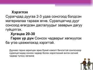 Хэрэглэх 
Сурагчдад дуугаа 2-3 удаа сонсгоод бэлдсэн 
материалаа тарааж өгнө. Суралцагчид дууг 
сонсоод өгөгдсөн дасгалуудыг зааврын дагуу 
гүйцэтгэх. 
Хугацаа 20-30 
Гарах үр дүн Сонсох чадварыг хөгжүүлэх 
ба үгээ цээжилэхэд хэрэгтэй. 
Дуунаас гадна харилцан яриа бүхий нэмэлт бичлэгтэй сонгосноор 
суралцагчидад сонсох чадвар болон хэрэглээний англи хэлний 
чадвар түлхүү хөгжинө 
 