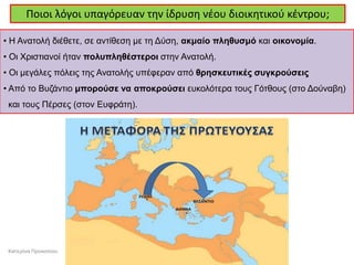 Ποιοι λόγοι υπαγόρευαν την ίδρυση νέου διοικητικού κέντρου; 
• Η Ανατολή διέθετε, σε αντίθεση με τη Δύση, ακμαίο πληθυσμό και οικονομία. 
• Οι Χριστιανοί ήταν πολυπληθέστεροι στην Ανατολή. 
• Οι μεγάλες πόλεις της Ανατολής υπέφεραν από θρησκευτικές συγκρούσεις 
• Από το Βυζάντιο μπορούσε να αποκρούσει ευκολότερα τους Γότθους (στο Δούναβη) και τους Πέρσες (στον Ευφράτη). 
Κατερίνα Προκοπίου  