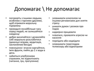 Допомагає  Не допомагає 
• поговоріть з іншими людьми, 
особливо з гарними друзями, 
щоб отримати моральну 
підтримку 
• проводьте якнайбільше часу 
серед людей, не залишайтеся 
наодинці 
• добре висипайтеся і дозволяйте 
собі морально розслабитися 
(дихальні вправи, медитація, 
заспокійливі бесіди) 
• повноцінно і вчасно харчуйтеся, 
їжте фрукти, пийте до 2 л води в 
день 
• займіться улюбленими 
справами, які відволікають 
(читання, гра, прогулянки) 
• зловживати алкоголем чи 
іншими речовинами для зняття 
стресу 
• уникати думок і розмов про 
подію 
• надмірно працювати 
• гніватися, проявляти агресію чи 
насилля 
• переїдати або недоїдати 
• зловживати переглядом 
телевізору або відеоіграми 
 