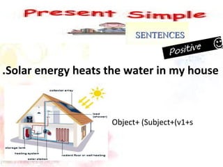 Solar energy heats the . water in my house 
Object+ (Subject+(v1+s 
 