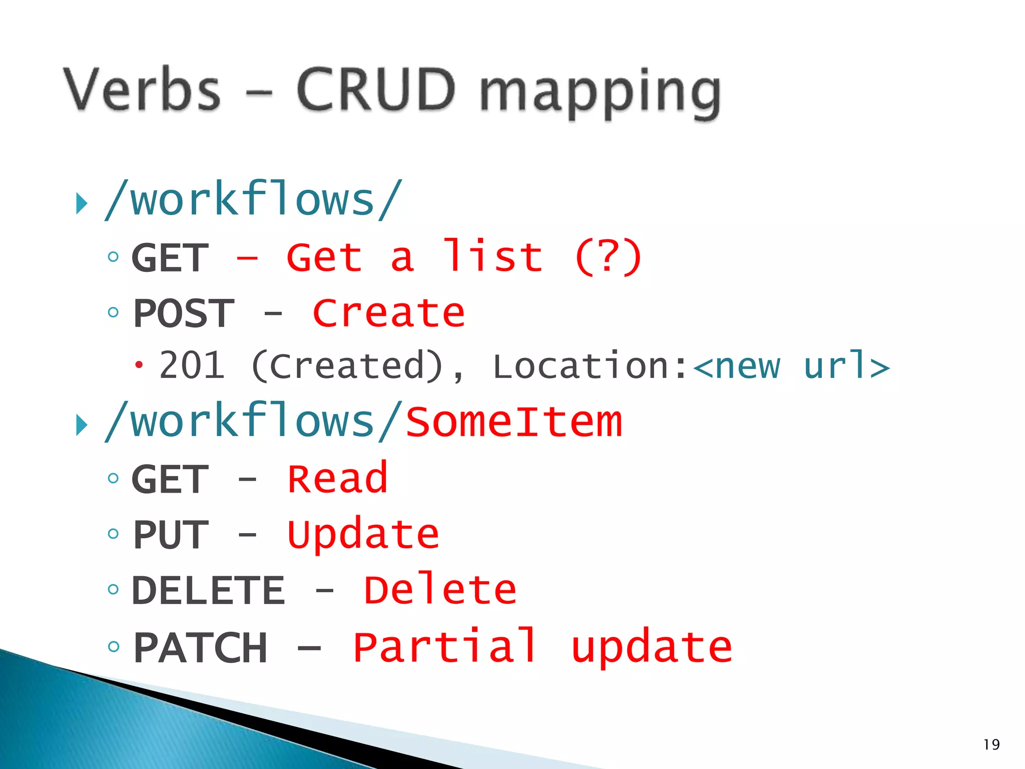  /workflows/ 
◦ GET – Get a list (?) 
◦ POST - Create 
 201 (Created), Location:<new url> 
 /workflows/SomeItem 
◦ GET - Read 
◦ PUT - Update 
◦ DELETE - Delete 
◦ PATCH – Partial update 
19 
 
